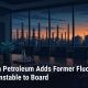 FFP illustration of an empty boardroom overlooking a refinery skyline at dusk